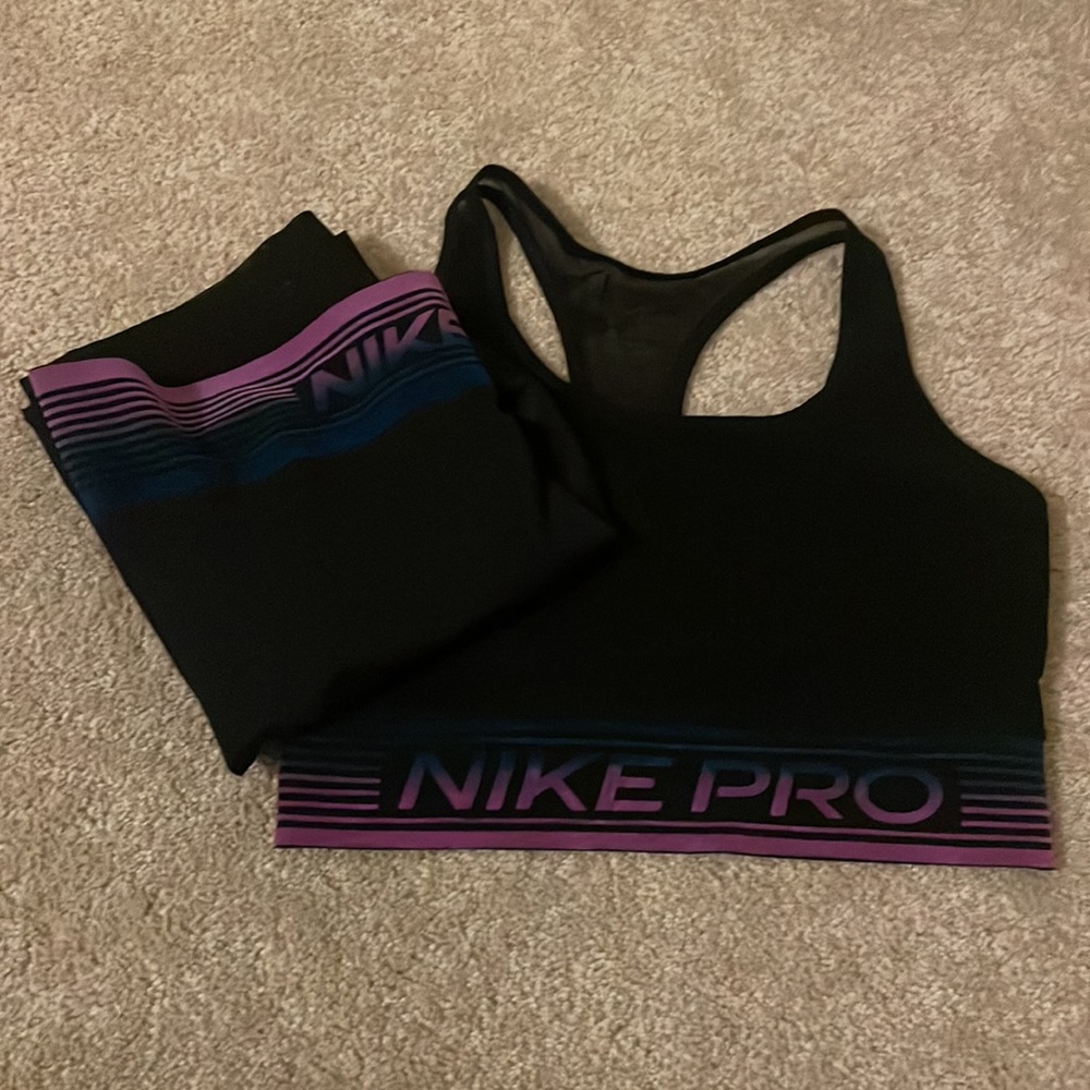 Nike Black Pro Leggings & Sports Bra Set with Purple and Blue Trim